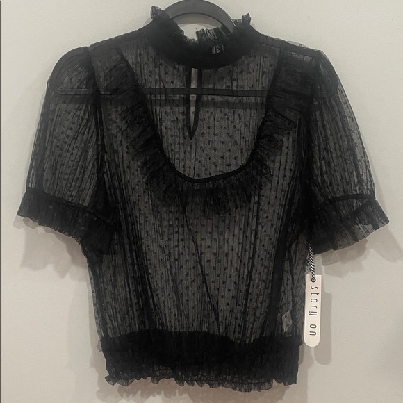 Tops - Black Sheer Polka-Dot Ruffle Top